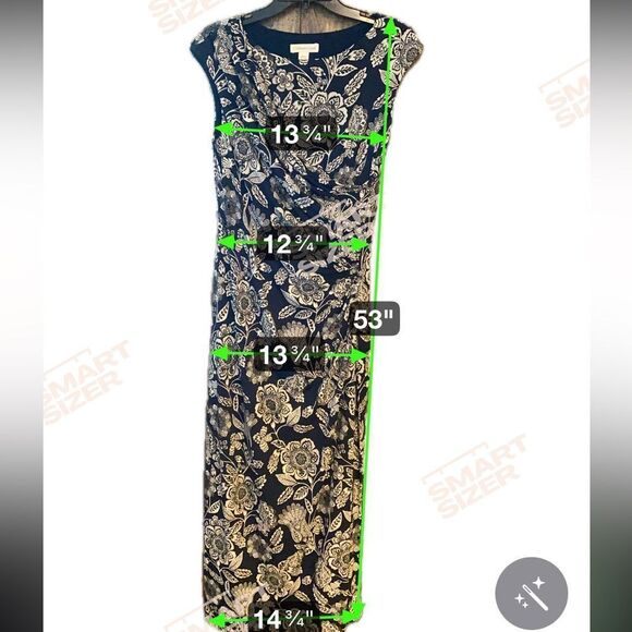 Coldwater Creek Sz 6 Navy Blue Floral Ruching Front Side Slit Maxi Dress - Picture 9 of 9